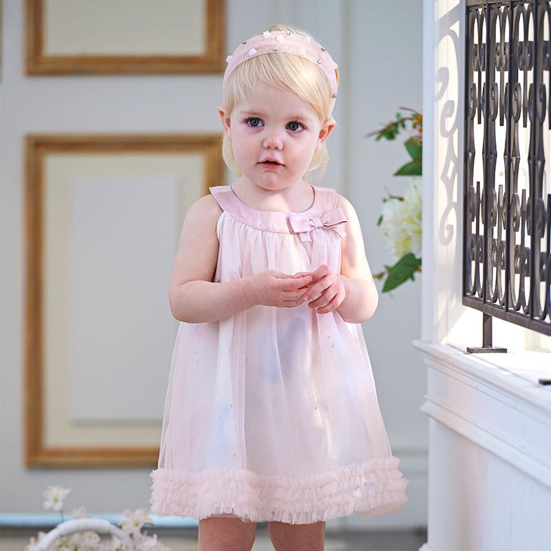 فستان صيفي للبنات الصغيرات من التول الوردي مزين بنجوم من الترتر