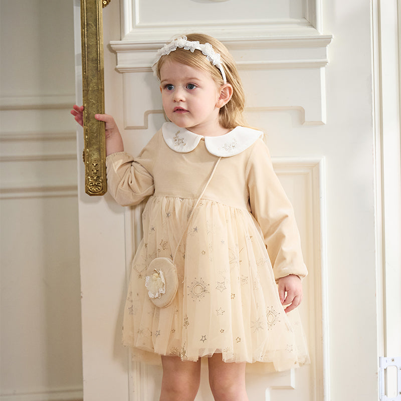 فستان بنات بأكمام طويلة مخمل مشمشي تنورة تول بنقشة نجمية تصميم أميري