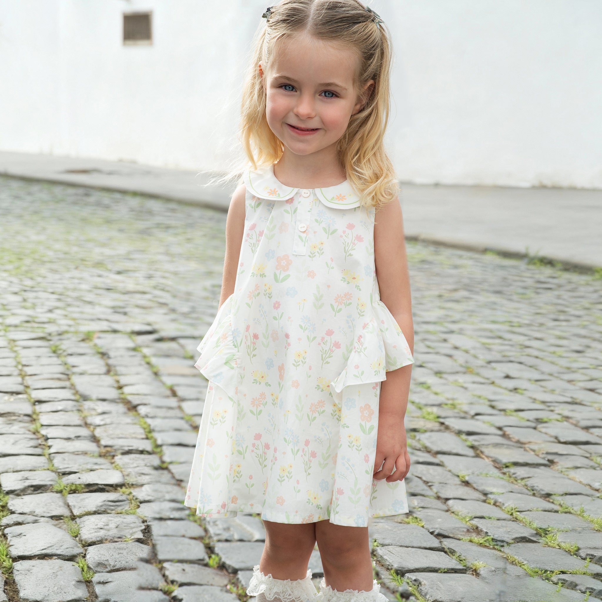 فستان بنات صيفي بدون أكمام من القطن الخالص بطباعة زهرية