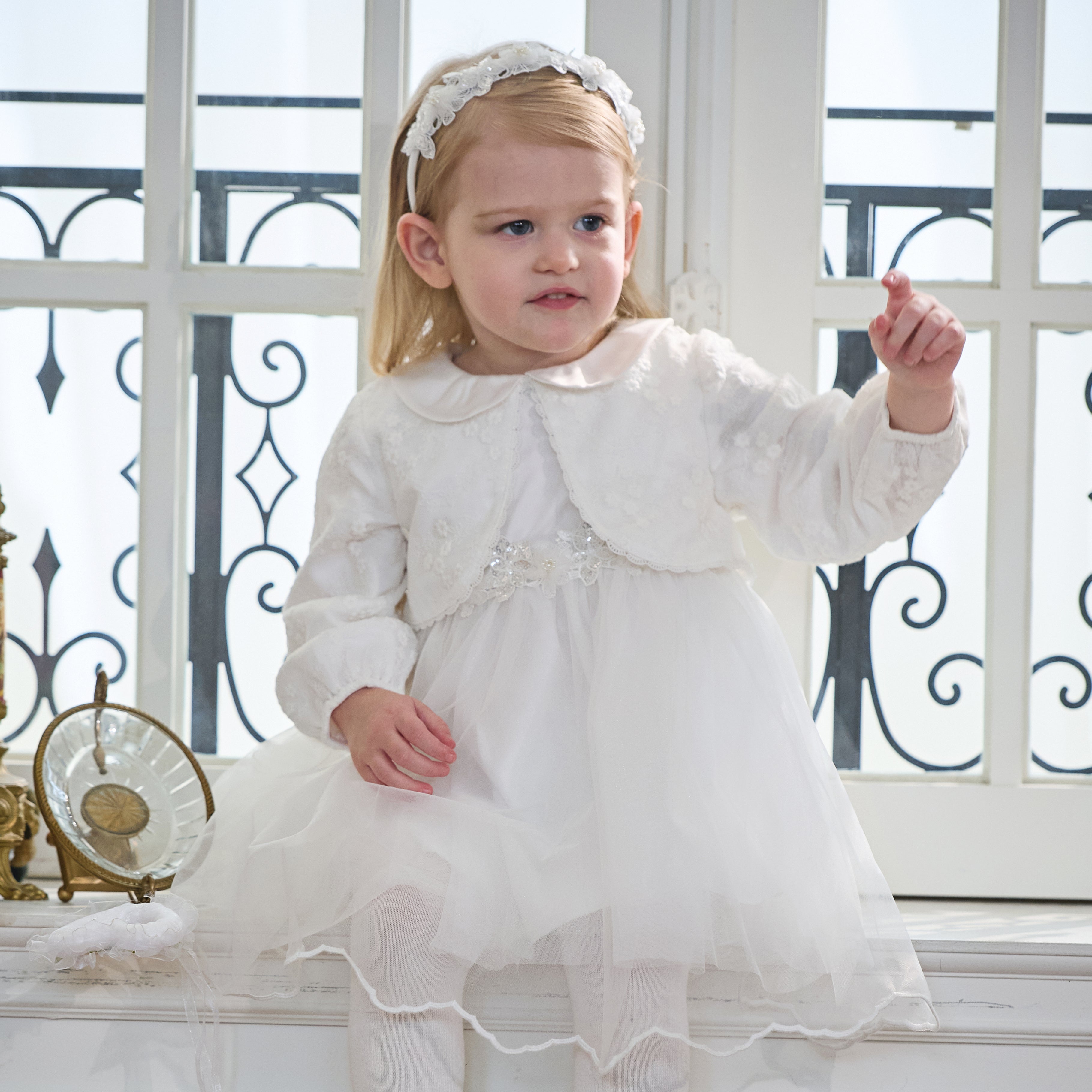 فستان بنات طويل الأكمام من التول باللون البيج بأسلوب أميرة مع تطريز فاخر