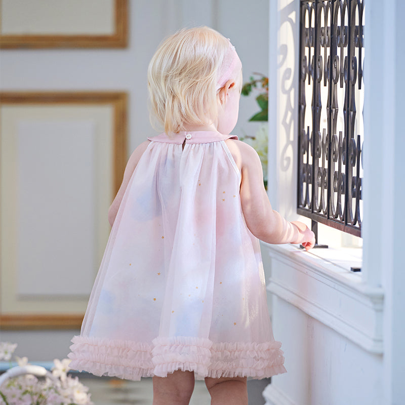 فستان صيفي للبنات الصغيرات من التول الوردي مزين بنجوم من الترتر