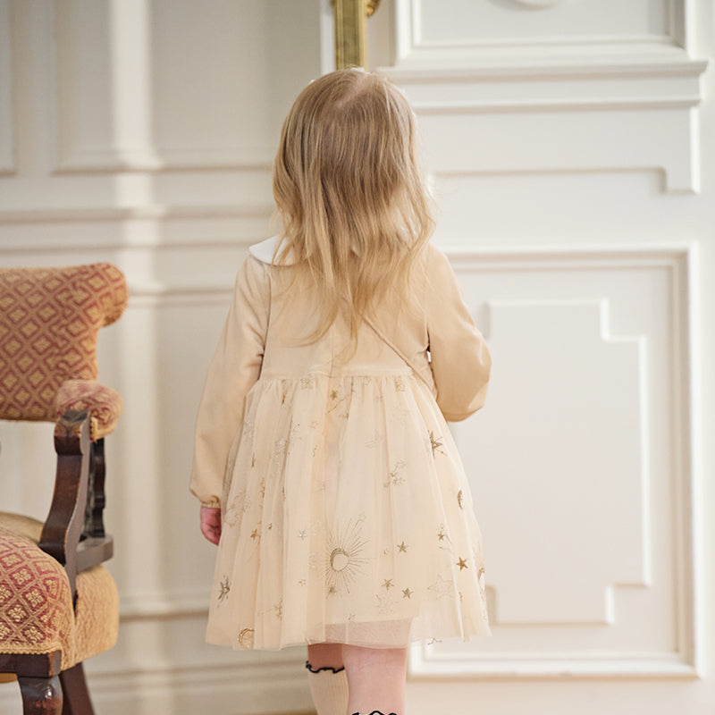 فستان بنات بأكمام طويلة مخمل مشمشي تنورة تول بنقشة نجمية تصميم أميري