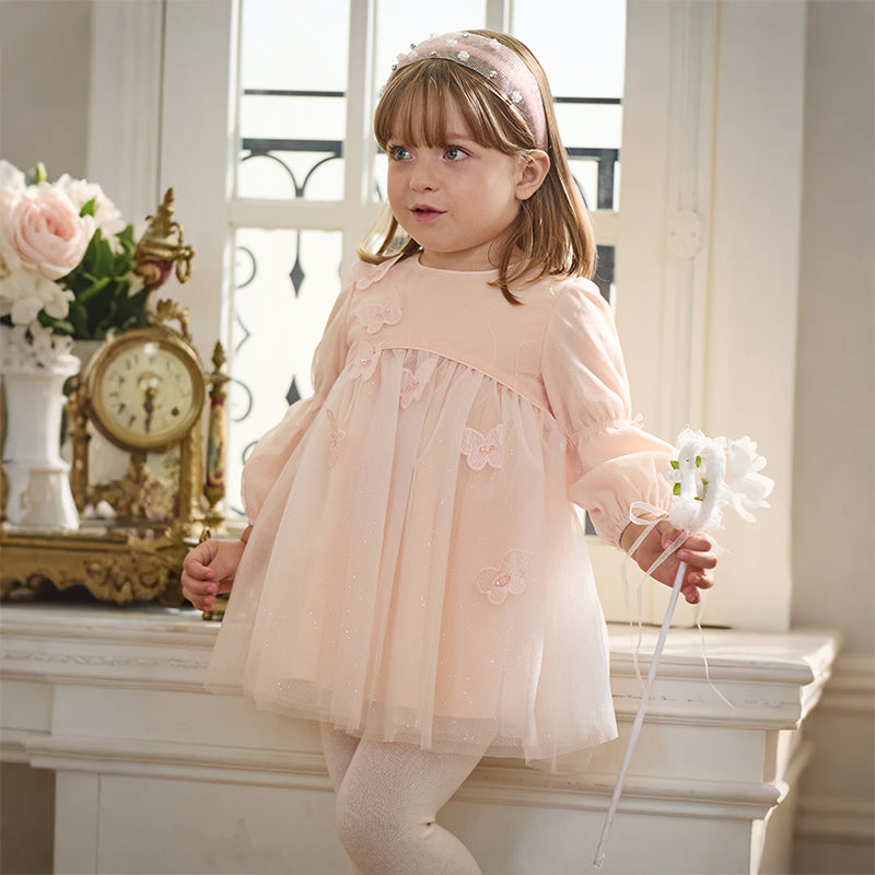فستان للبنات الصغيرات بأكمام طويلة من التول باللون الوردي الفاتح بتصميم أميري