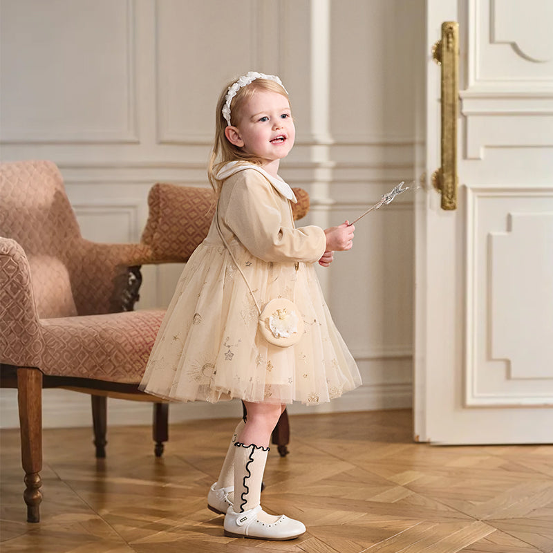 فستان بنات بأكمام طويلة مخمل مشمشي تنورة تول بنقشة نجمية تصميم أميري