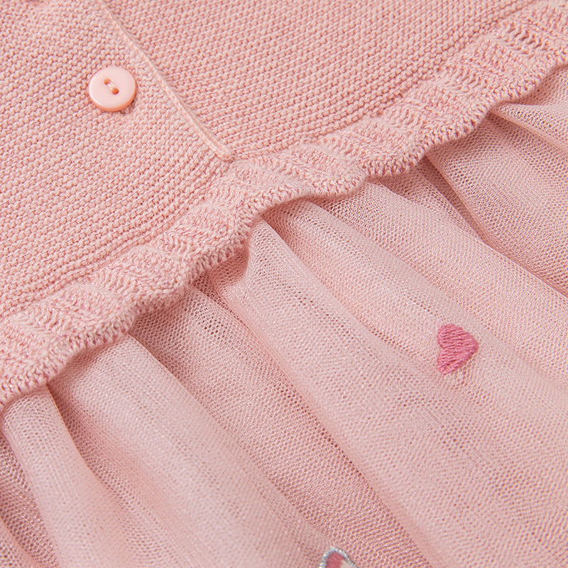 فستان للبنات الصغيرات بأكمام طويلة من التول الوردي مع أجزاء محبوكة مزين بعقدة