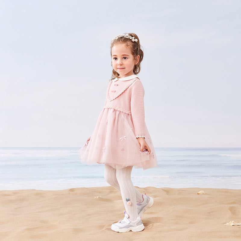 فستان للبنات الصغيرات بأكمام طويلة من التول الوردي مع أجزاء محبوكة مزين بعقدة