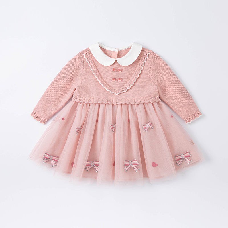 فستان للبنات الصغيرات بأكمام طويلة من التول الوردي مع أجزاء محبوكة مزين بعقدة