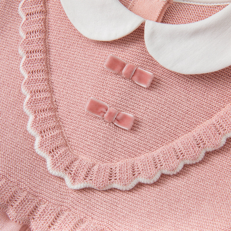 فستان للبنات الصغيرات بأكمام طويلة من التول الوردي مع أجزاء محبوكة مزين بعقدة