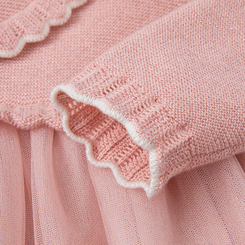 فستان للبنات الصغيرات بأكمام طويلة من التول الوردي مع أجزاء محبوكة مزين بعقدة