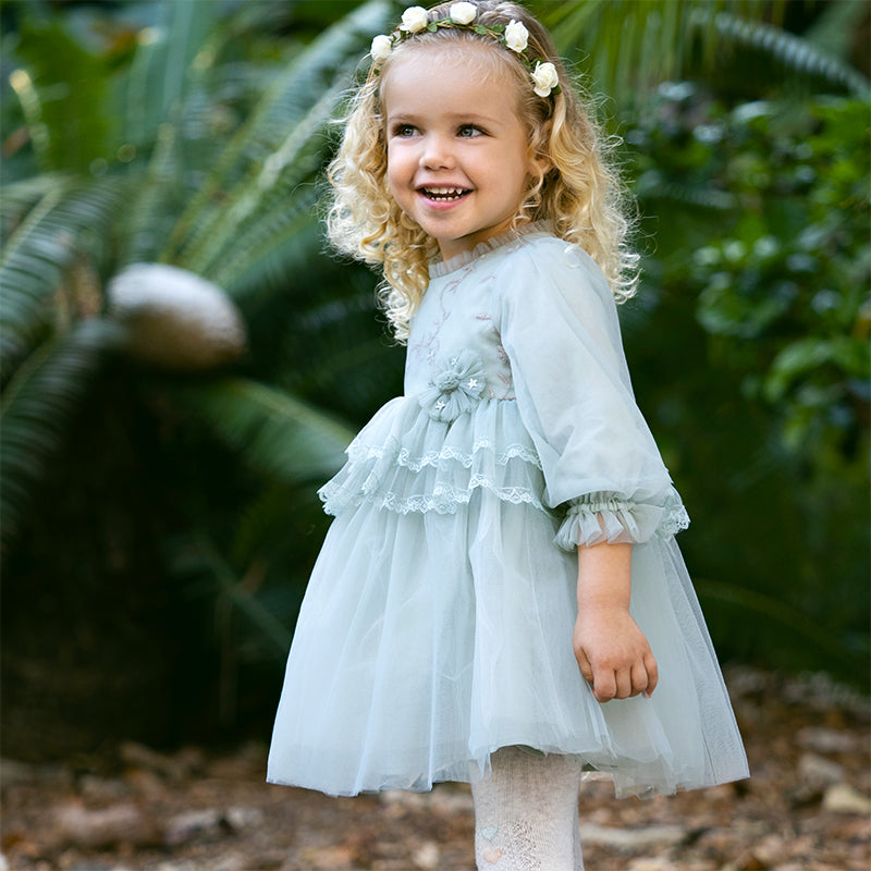 فستان بنات بأكمام طويلة من التول أخضر رمادي بأسلوب ملكي