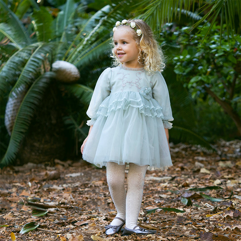 فستان بنات بأكمام طويلة من التول أخضر رمادي بأسلوب ملكي