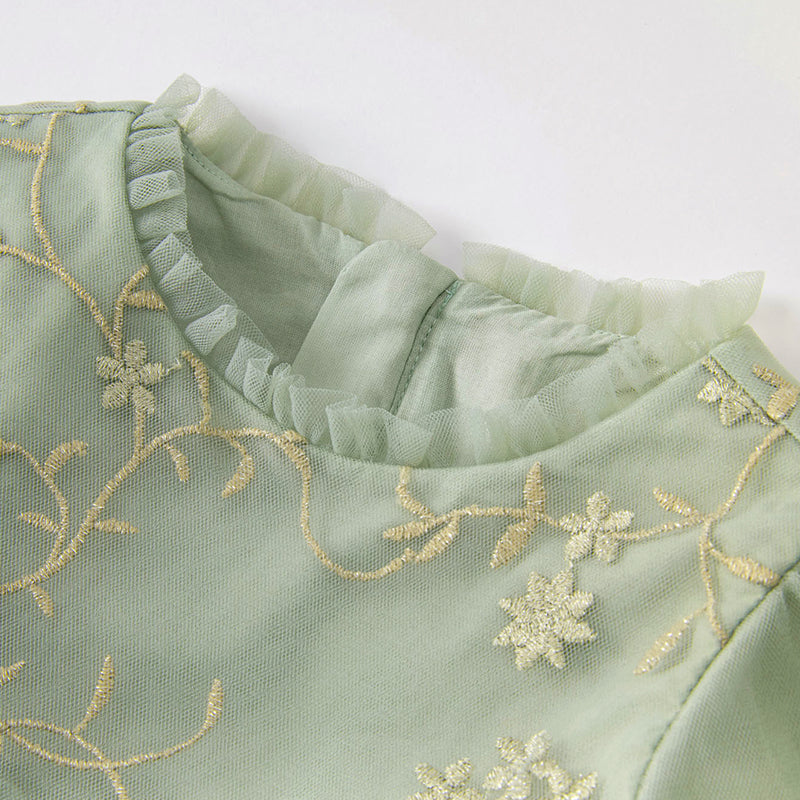 فستان بنات بأكمام طويلة من التول أخضر رمادي بأسلوب ملكي