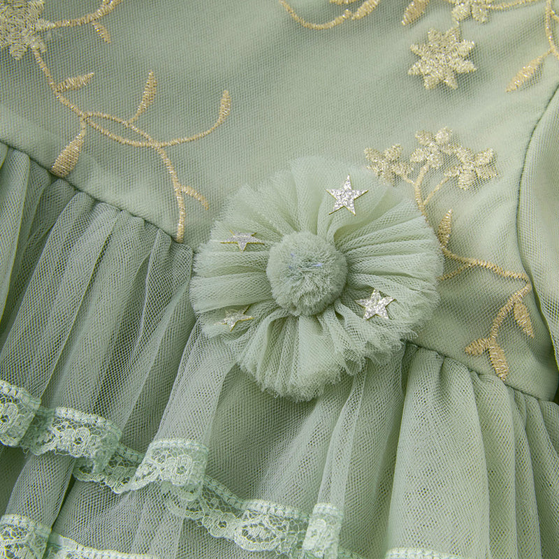 فستان بنات بأكمام طويلة من التول أخضر رمادي بأسلوب ملكي