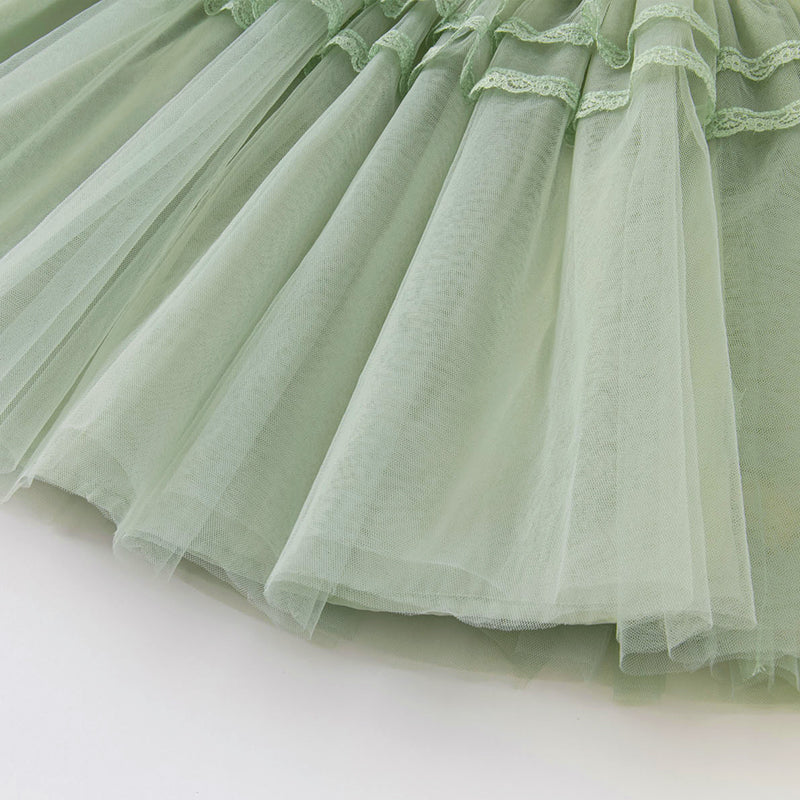 فستان بنات بأكمام طويلة من التول أخضر رمادي بأسلوب ملكي