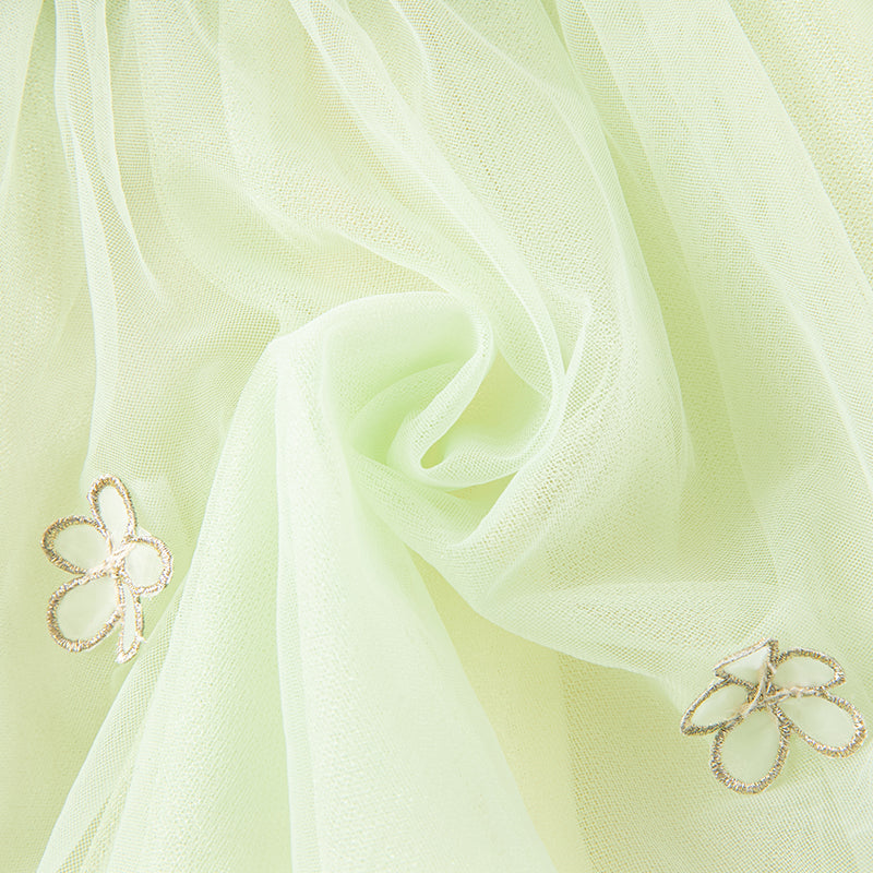 فستان بنات طويل الأكمام بنقشة مربعات خضراء من قماش محبوك مع تنورة تول بأسلوب أميرة