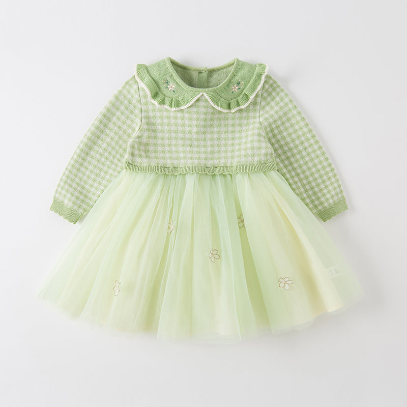 فستان بنات طويل الأكمام بنقشة مربعات خضراء من قماش محبوك مع تنورة تول بأسلوب أميرة