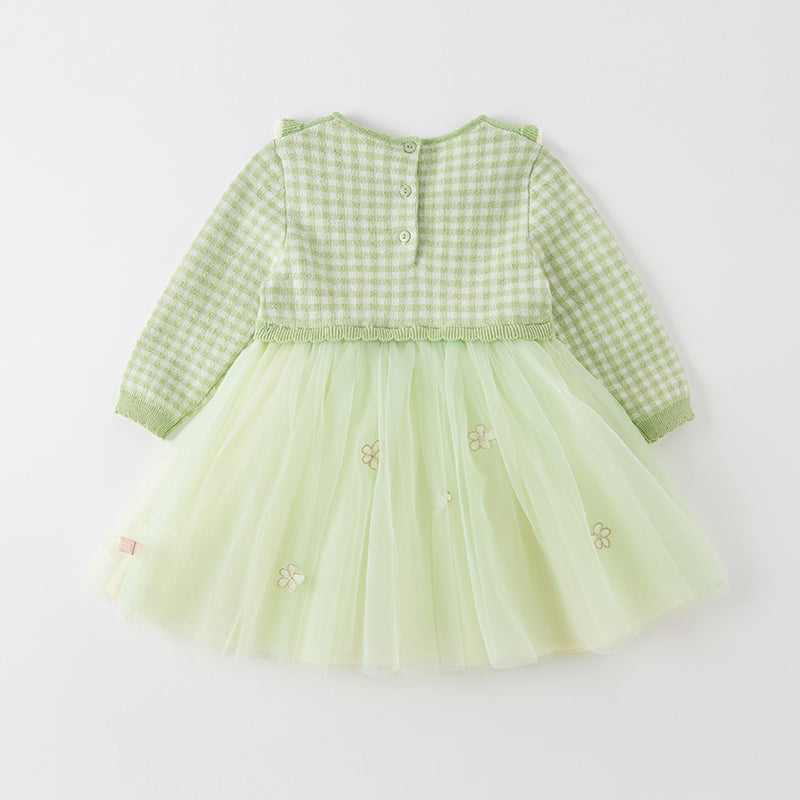 فستان بنات طويل الأكمام بنقشة مربعات خضراء من قماش محبوك مع تنورة تول بأسلوب أميرة