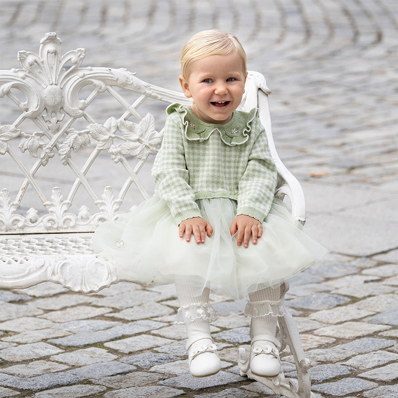 فستان بنات طويل الأكمام بنقشة مربعات خضراء من قماش محبوك مع تنورة تول بأسلوب أميرة