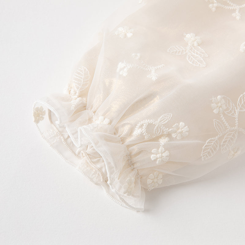 فستان بنات طويل الأكمام من التول باللون البيج بأسلوب أميرة مع تطريز أورغانزا