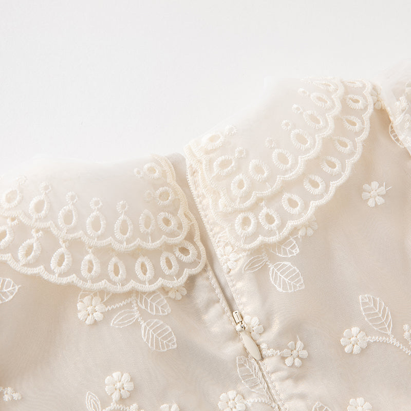 فستان بنات طويل الأكمام من التول باللون البيج بأسلوب أميرة مع تطريز أورغانزا