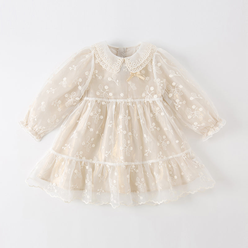 فستان بنات طويل الأكمام من التول باللون البيج بأسلوب أميرة مع تطريز أورغانزا