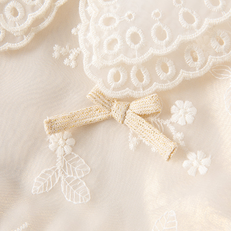 فستان بنات طويل الأكمام من التول باللون البيج بأسلوب أميرة مع تطريز أورغانزا