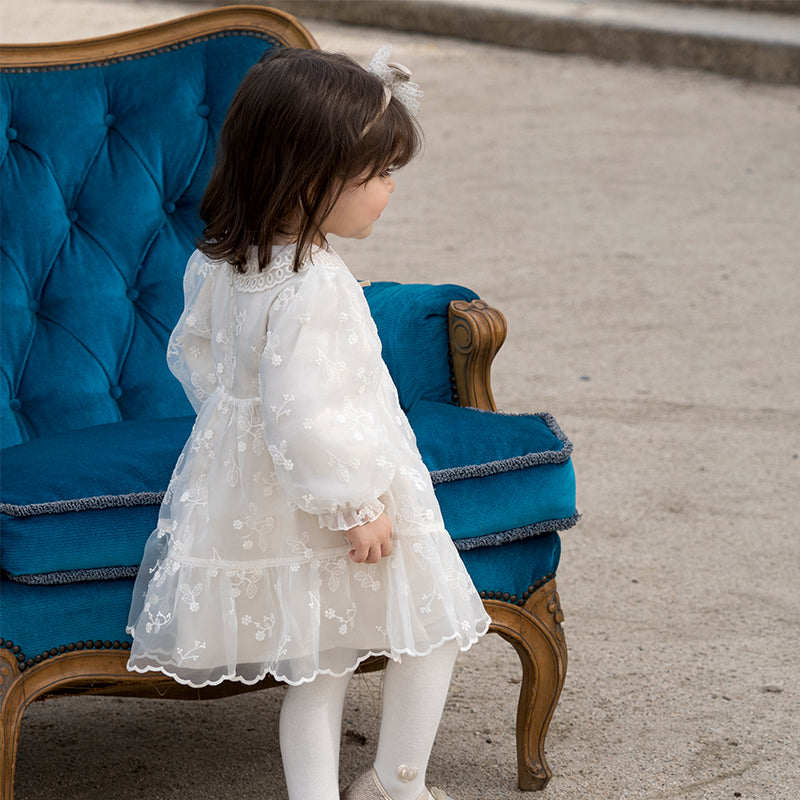 فستان بنات طويل الأكمام من التول باللون البيج بأسلوب أميرة مع تطريز أورغانزا