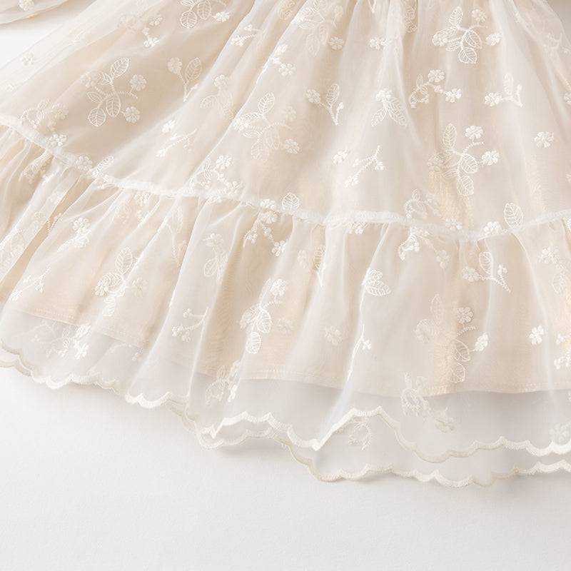 فستان بنات طويل الأكمام من التول باللون البيج بأسلوب أميرة مع تطريز أورغانزا