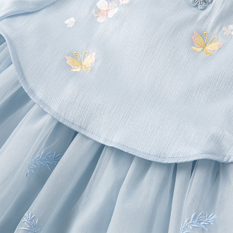 فستان بنات طويل الأكمام من التول باللون الأزرق مع تطريز زهور، أسلوب صيني عصري