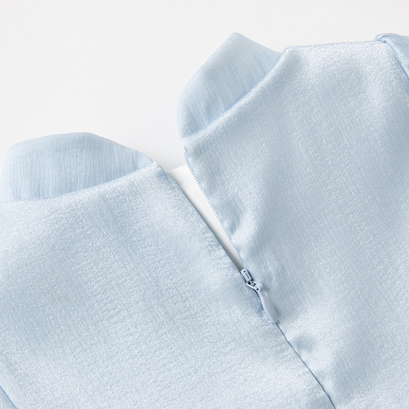 فستان بنات طويل الأكمام من التول باللون الأزرق مع تطريز زهور، أسلوب صيني عصري