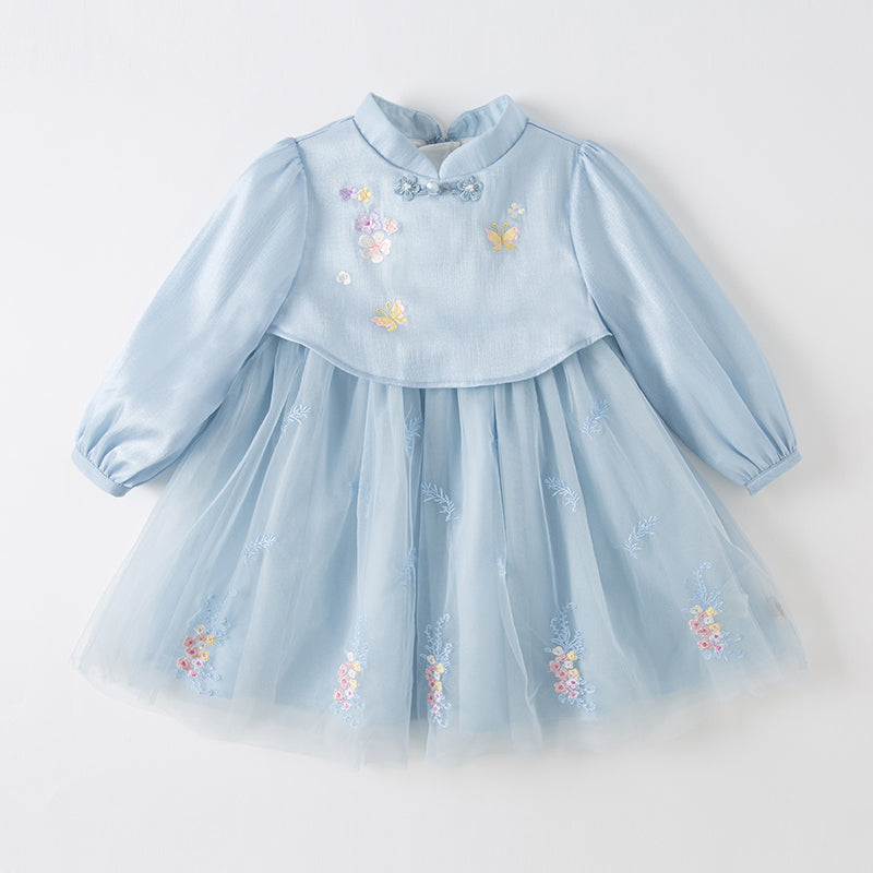 فستان بنات طويل الأكمام من التول باللون الأزرق مع تطريز زهور، أسلوب صيني عصري