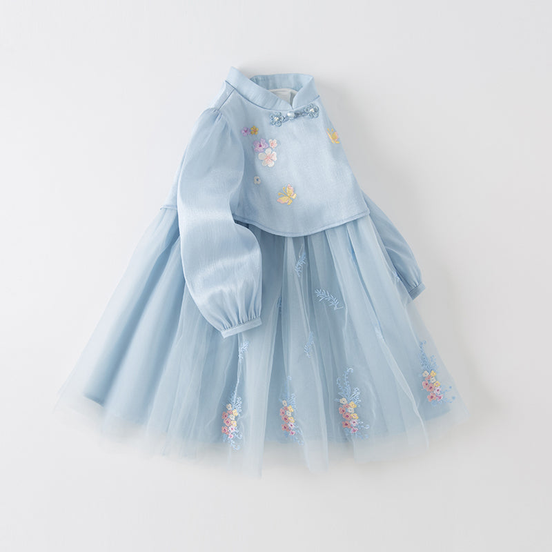 فستان بنات طويل الأكمام من التول باللون الأزرق مع تطريز زهور، أسلوب صيني عصري