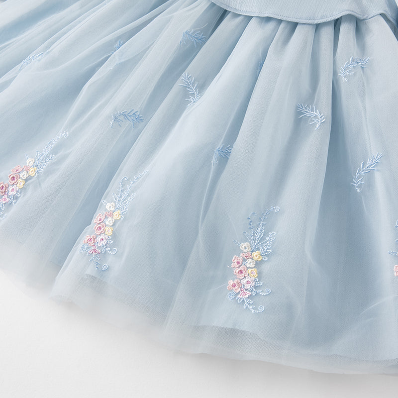 فستان بنات طويل الأكمام من التول باللون الأزرق مع تطريز زهور، أسلوب صيني عصري