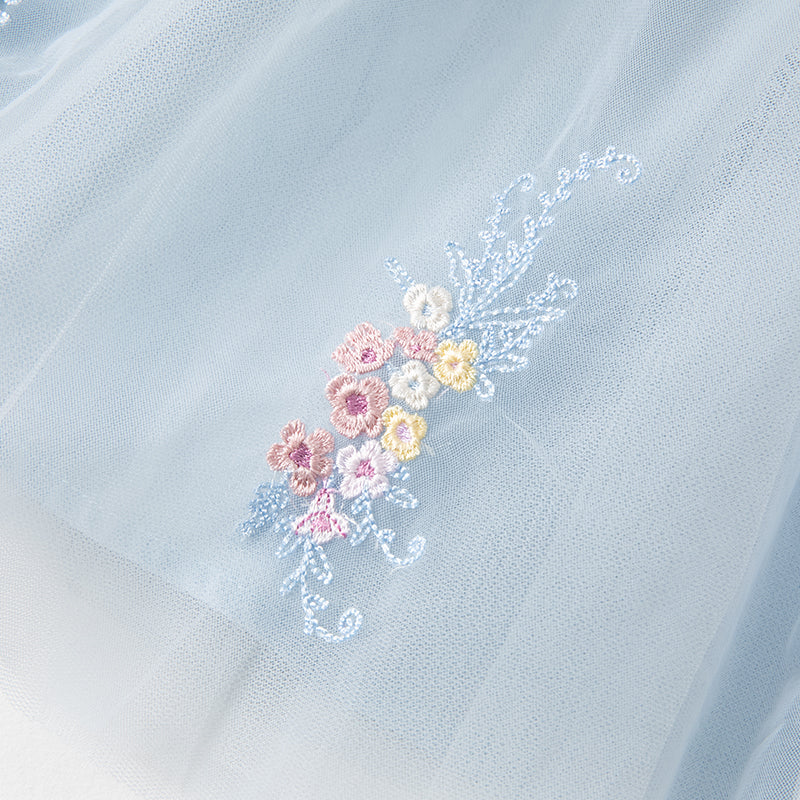 فستان بنات طويل الأكمام من التول باللون الأزرق مع تطريز زهور، أسلوب صيني عصري