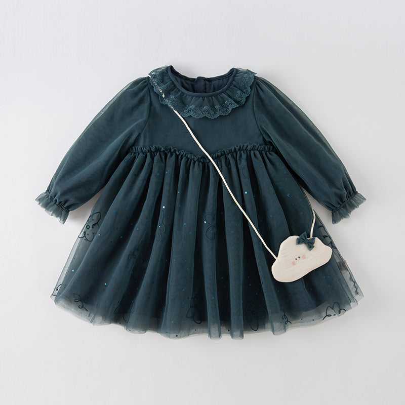 فستان بنات طويل الأكمام من التول باللون أزرق طاووس بأسلوب أميرة (يشمل حقيبة كروس)