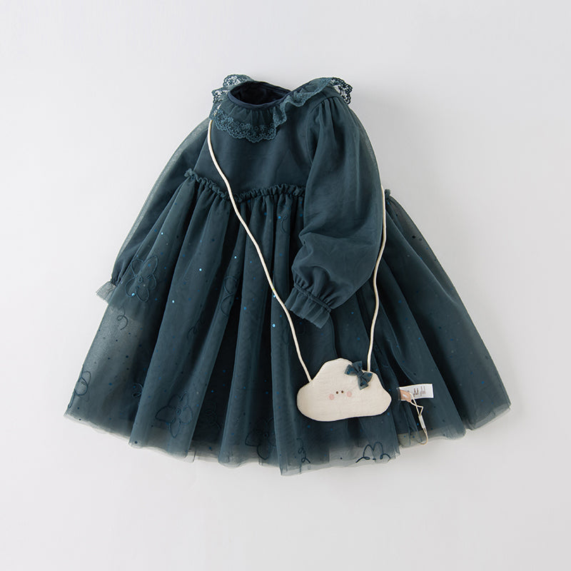 فستان بنات طويل الأكمام من التول باللون أزرق طاووس بأسلوب أميرة (يشمل حقيبة كروس)