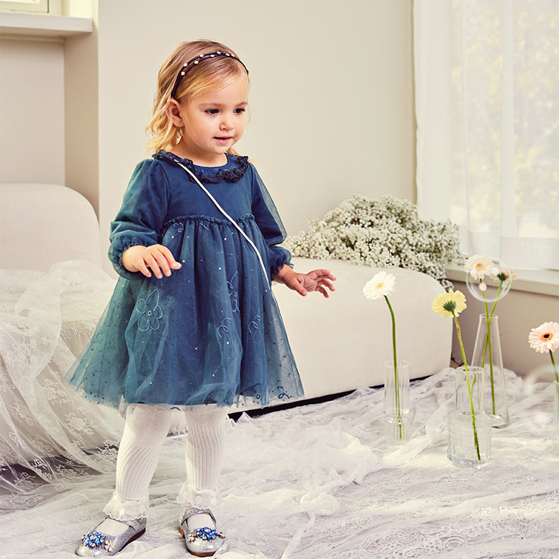 فستان بنات طويل الأكمام من التول باللون أزرق طاووس بأسلوب أميرة (يشمل حقيبة كروس)