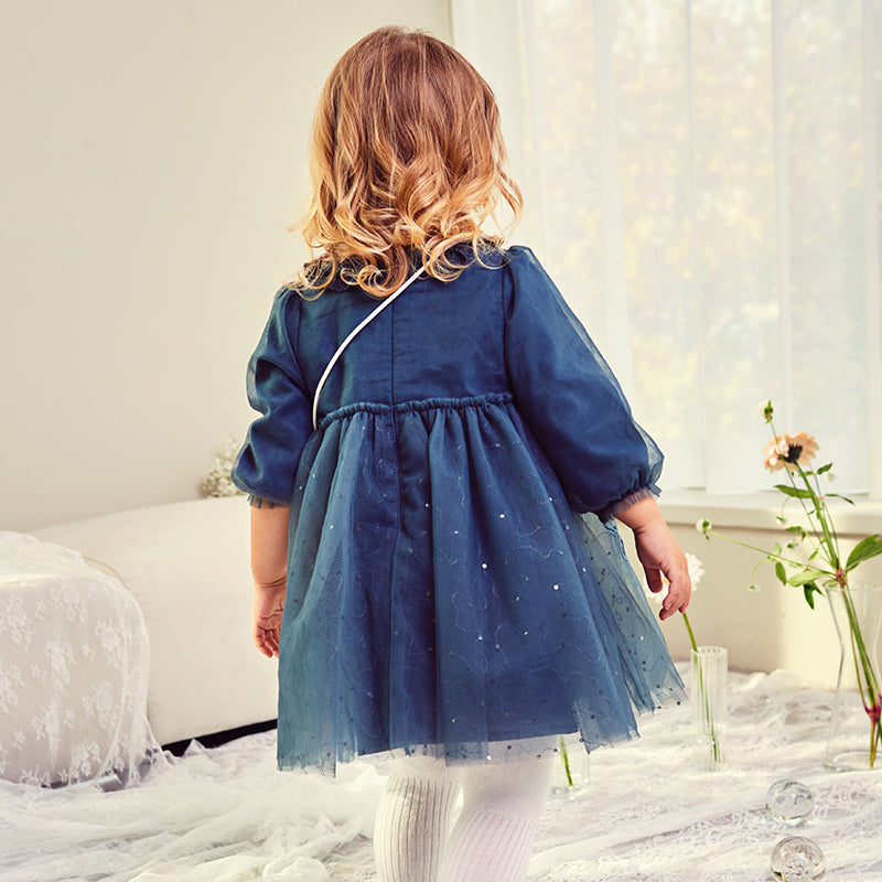 فستان بنات طويل الأكمام من التول باللون أزرق طاووس بأسلوب أميرة (يشمل حقيبة كروس)