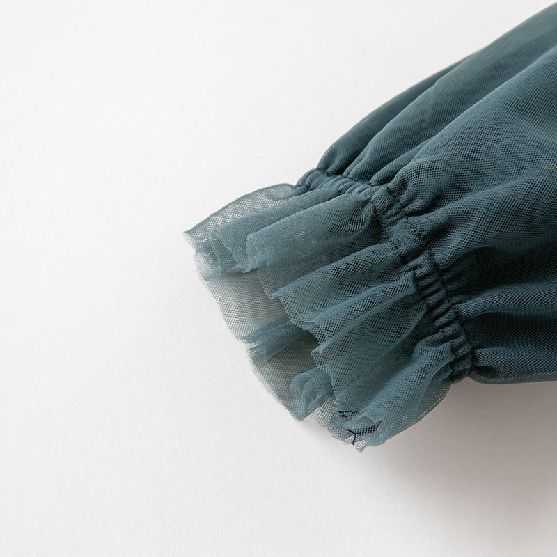 فستان بنات طويل الأكمام من التول باللون أزرق طاووس بأسلوب أميرة (يشمل حقيبة كروس)