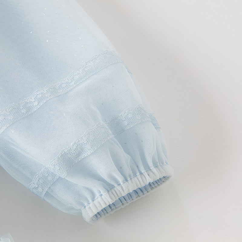 فستان بنات طويل الأكمام من التول باللون الأزرق مع تطريز دانتيل، أسلوب أميرة (يشمل حقيبة كروس)