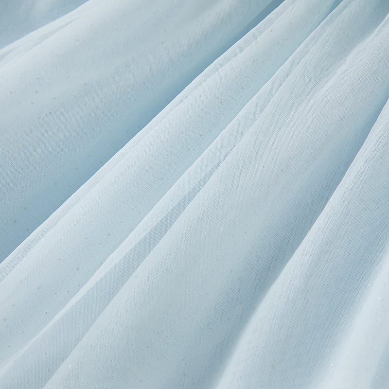 فستان بنات طويل الأكمام من التول باللون الأزرق مع تطريز دانتيل، أسلوب أميرة (يشمل حقيبة كروس)