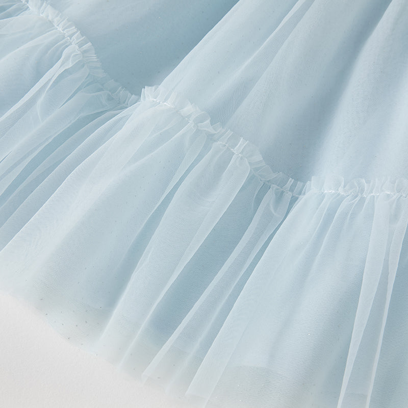 فستان بنات طويل الأكمام من التول باللون الأزرق مع تطريز دانتيل، أسلوب أميرة (يشمل حقيبة كروس)