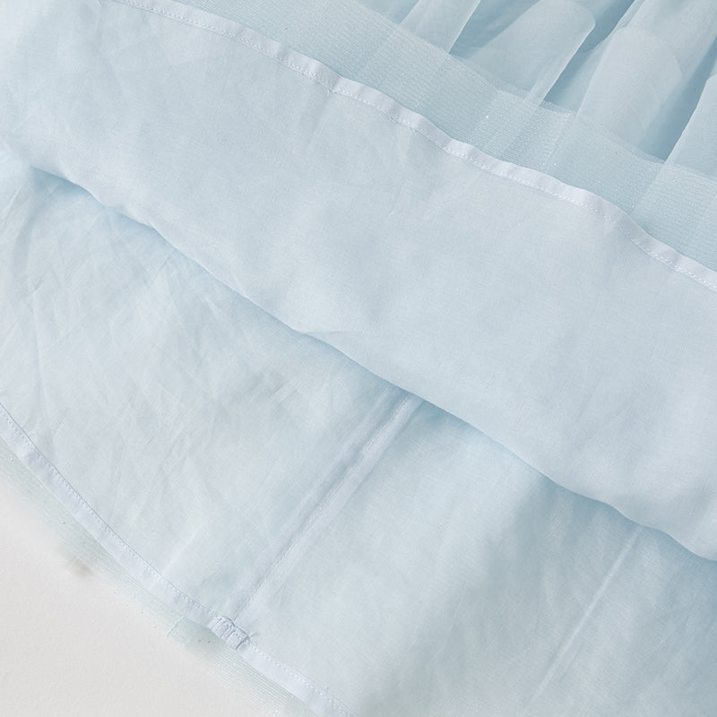 فستان بنات طويل الأكمام من التول باللون الأزرق مع تطريز دانتيل، أسلوب أميرة (يشمل حقيبة كروس)