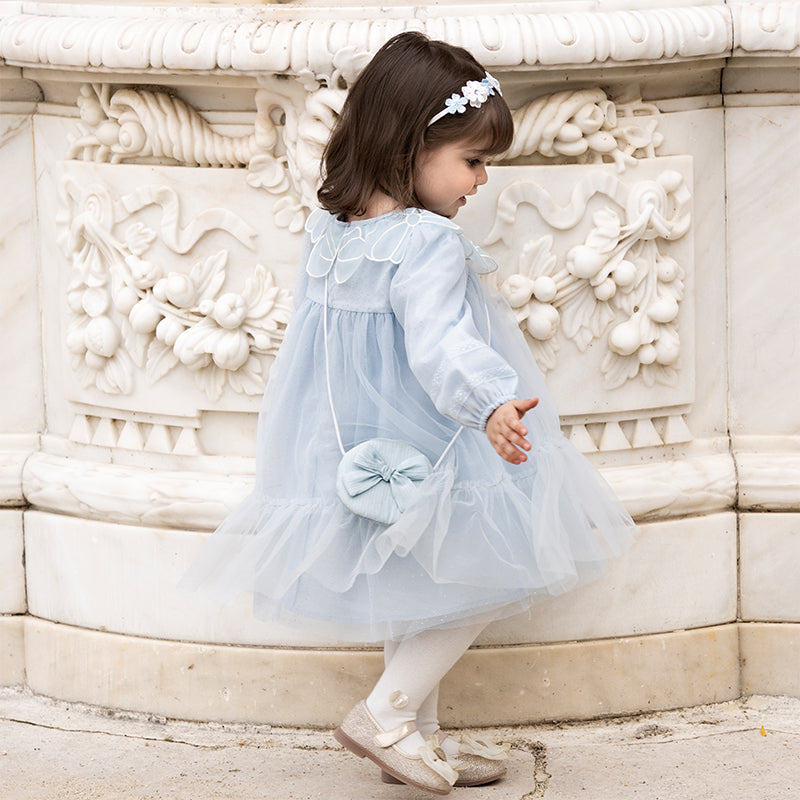 فستان بنات طويل الأكمام من التول باللون الأزرق مع تطريز دانتيل، أسلوب أميرة (يشمل حقيبة كروس)