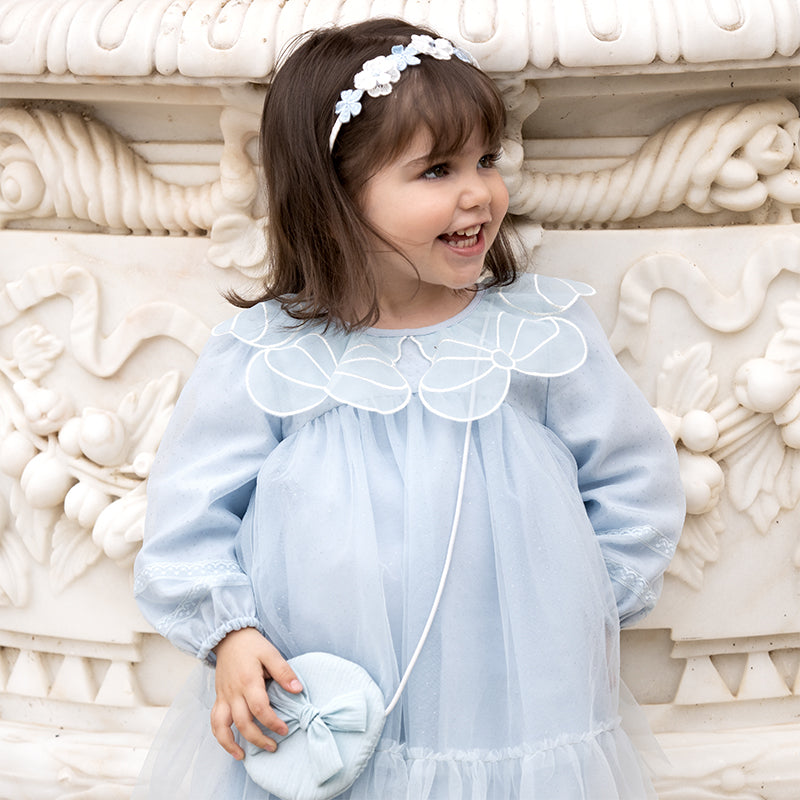 فستان بنات طويل الأكمام من التول باللون الأزرق مع تطريز دانتيل، أسلوب أميرة (يشمل حقيبة كروس)