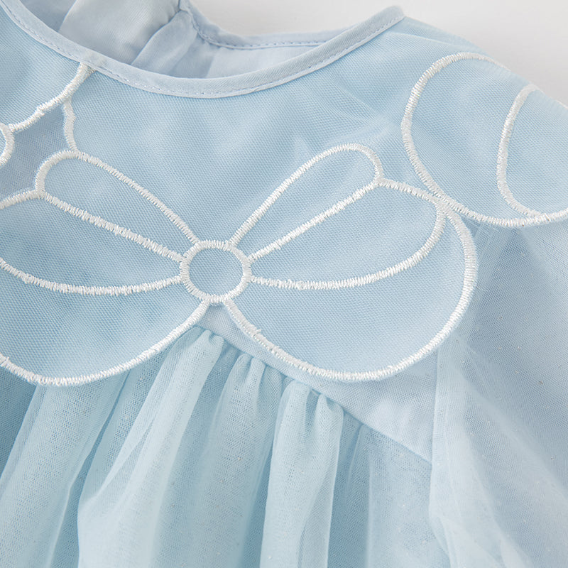 فستان بنات طويل الأكمام من التول باللون الأزرق مع تطريز دانتيل، أسلوب أميرة (يشمل حقيبة كروس)