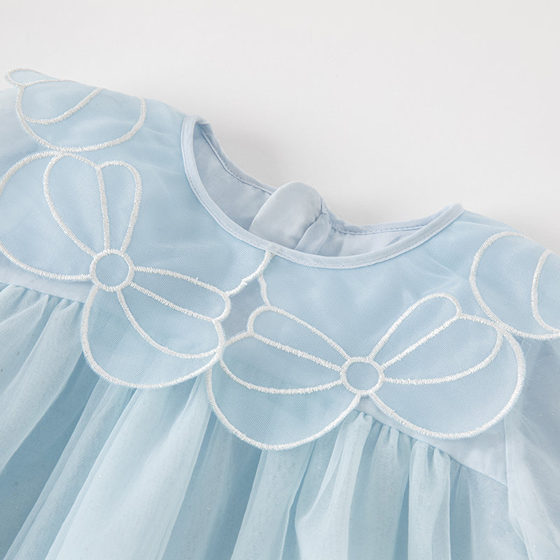 فستان بنات طويل الأكمام من التول باللون الأزرق مع تطريز دانتيل، أسلوب أميرة (يشمل حقيبة كروس)