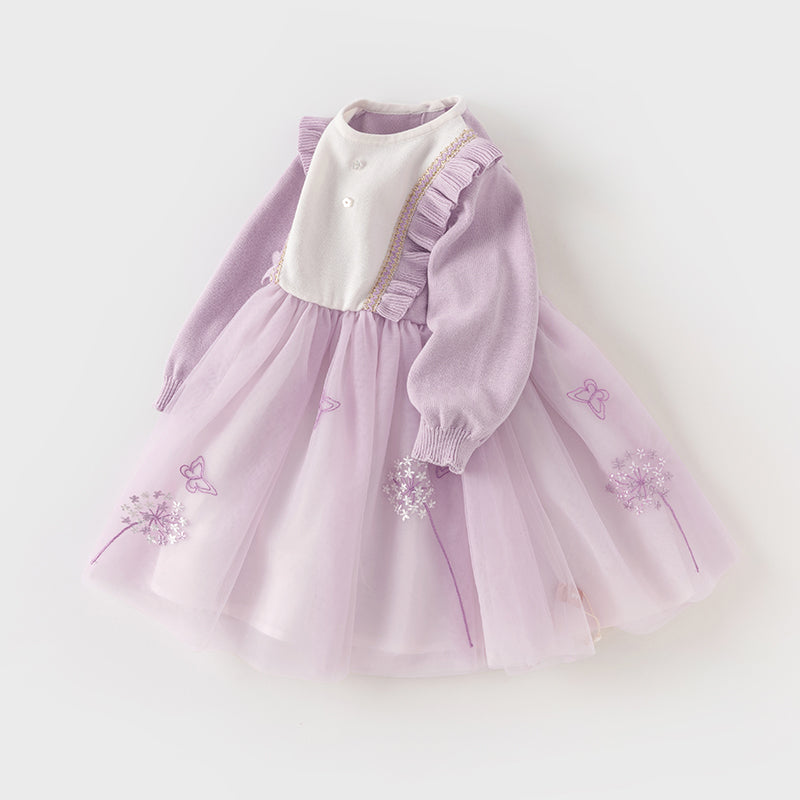 فستان بنات طويل الأكمام من قماش محبوك باللون البنفسجي الفاتح مع تنورة تول بأسلوب أميرة