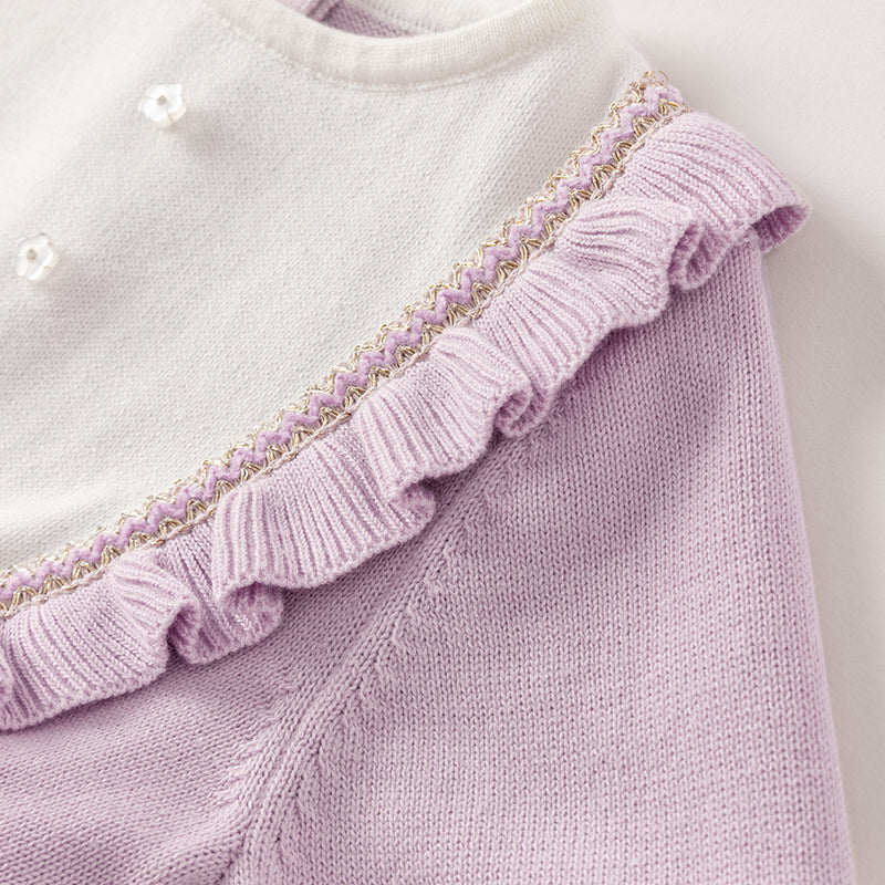 فستان بنات طويل الأكمام من قماش محبوك باللون البنفسجي الفاتح مع تنورة تول بأسلوب أميرة