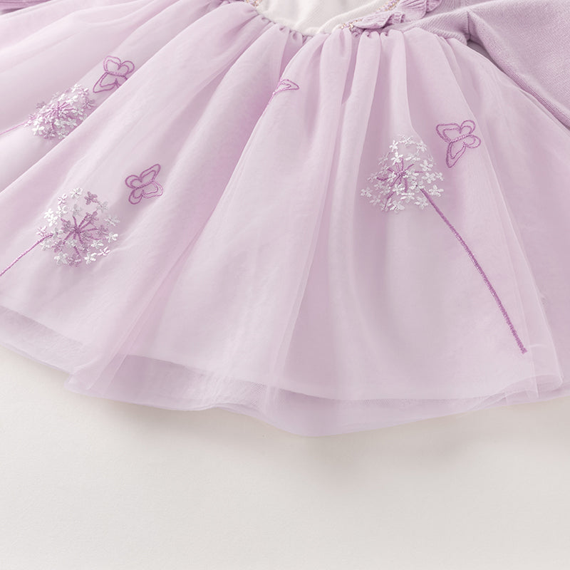 فستان بنات طويل الأكمام من قماش محبوك باللون البنفسجي الفاتح مع تنورة تول بأسلوب أميرة